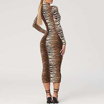 LuFeng Women's Long Sleeve High Neck Tigerskin Snakeskin Print Midi Bodycon Dress Party Club Dress