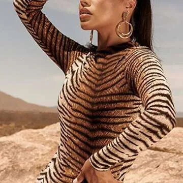 LuFeng Women's Long Sleeve High Neck Tigerskin Snakeskin Print Midi Bodycon Dress Party Club Dress