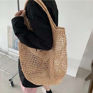 bufftieo Straw Woven Tote Bag for women,Mesh Hollow Woven Tote Bag, Beach,Hobo Women Bag,Large Shoulder Travel Tote Bag