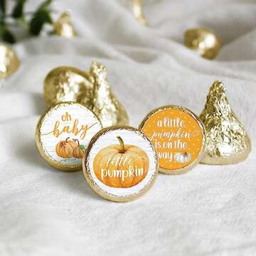 Orange Little Pumpkin Baby Shower Kisses Candy Stickers, Fall Baby Shower Party Favor Stickers - 180...