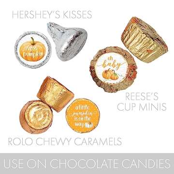 Orange Little Pumpkin Baby Shower Kisses Candy Stickers, Fall Baby Shower Party Favor Stickers - 180 Labels