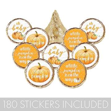 Orange Little Pumpkin Baby Shower Kisses Candy Stickers, Fall Baby Shower Party Favor Stickers - 180 Labels