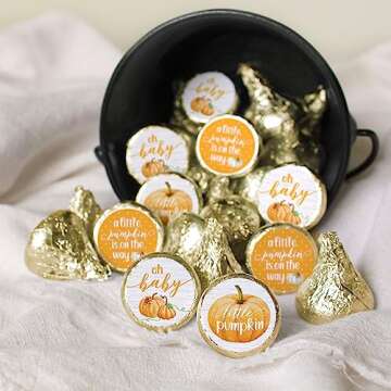 Orange Little Pumpkin Baby Shower Kisses Candy Stickers, Fall Baby Shower Party Favor Stickers - 180 Labels