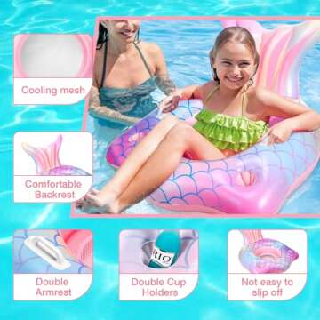 Mermaid Tail Inflatable Pool Float Chair with 2 Cup Holders, Armrests, Pink Swimming Pool Party Lounge Raft Decorations Toys for Kids Adults, Swimming Pool Lounger Pool Floaties for Summer Beach Party