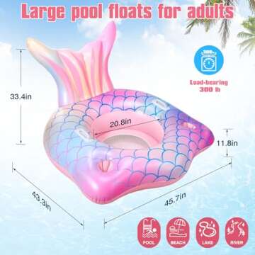 Mermaid Tail Inflatable Pool Float Chair with 2 Cup Holders, Armrests, Pink Swimming Pool Party Lounge Raft Decorations Toys for Kids Adults, Swimming Pool Lounger Pool Floaties for Summer Beach Party
