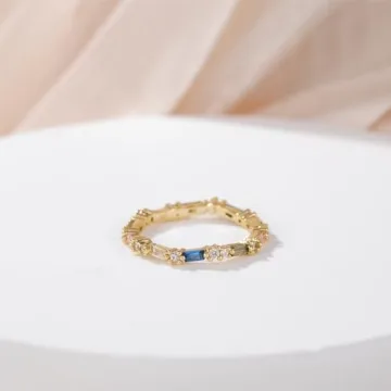 Gloffery Rainbow Eternity Ring Colorful Baguette CZ Stackable Band