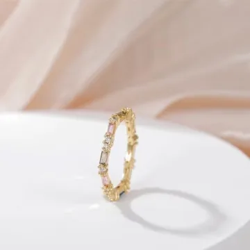 Gloffery Rainbow Eternity Ring Colorful Baguette CZ Stackable Band