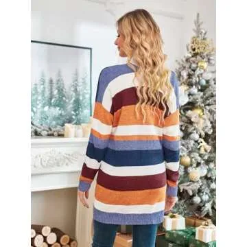 ECOWISH Cardigan Sweaters for Women Lightweight Fall Color Block Striped Long Sleeve Open Front Cozy Knitted Coats Outwear Medium Pink/Peach and White