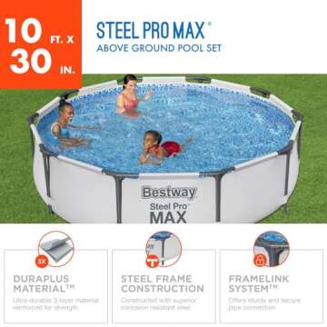 Bestway Steel Pro MAX 10 Foot x 30 Inch Round Metal Frame Above Ground Outdoor Backyard Swimming Poo...