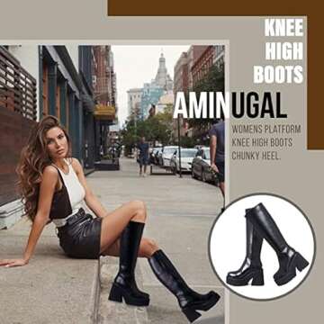 AMINUGAL Womens Plaform Knee High Boots Chunky Heel Round Toe Zipper Block Heel Fashion Motorcycle P...