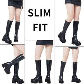 AMINUGAL Womens Plaform Knee High Boots Chunky Heel Round Toe Zipper Block Heel Fashion Motorcycle Punk Gorh Boots Work Combat Boots For Women