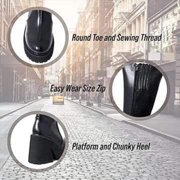 AMINUGAL Womens Plaform Knee High Boots Chunky Heel Round Toe Zipper Block Heel Fashion Motorcycle Punk Gorh Boots Work Combat Boots For Women