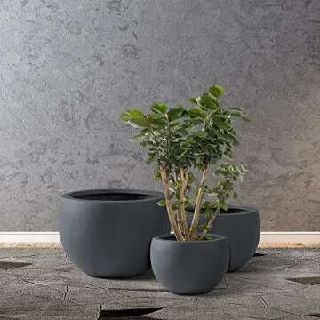 Kante 19.9",15.7",11.8" Dia Round Concrete Planter Set of 3, Outdoor/Indoor Large Bowl Plant Pots with Drainage Hole and Rubber Plug for Garden Patio Balcony Home, Charcoal