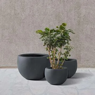 Kante 19.9",15.7",11.8" Dia Round Concrete Planter Set of 3, Outdoor/Indoor Large Bowl Plant Pots with Drainage Hole and Rubber Plug for Garden Patio Balcony Home, Charcoal