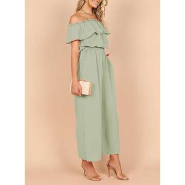 Dokotoo Womens Plus Size Jumpsuits for Women Casual Off The Shoulder Short Ruffle Sleeves Stretchy Wide Leg Solid One Piece Long Pant Romper Jumpsuit with Pockets Green X-Large