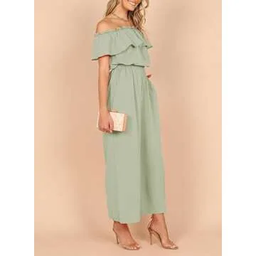Dokotoo Womens Plus Size Jumpsuits for Women Casual Off The Shoulder Short Ruffle Sleeves Stretchy Wide Leg Solid One Piece Long Pant Romper Jumpsuit with Pockets Green X-Large