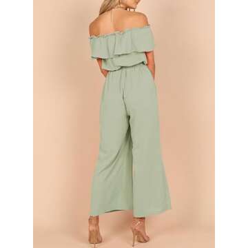 Dokotoo Womens Plus Size Jumpsuits for Women Casual Off The Shoulder Short Ruffle Sleeves Stretchy Wide Leg Solid One Piece Long Pant Romper Jumpsuit with Pockets Green X-Large