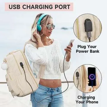 MATEIN School Backpack for Girls, 15.6 Inch Cute College Backpack Corduroy Computer Bookbag with USB Charging Port, TSA Lightweight Kawaii Travel Laptop Backpack Aesthetic for Teens Students, Beige