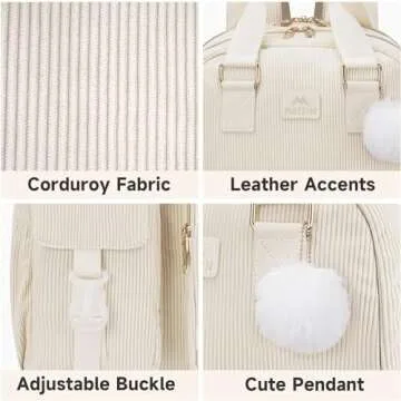 MATEIN School Backpack for Girls, 15.6 Inch Cute College Backpack Corduroy Computer Bookbag with USB Charging Port, TSA Lightweight Kawaii Travel Laptop Backpack Aesthetic for Teens Students, Beige