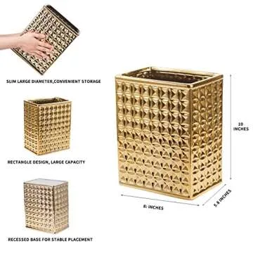 BASDHE Trash Can for Bathroom, Small Office Garbage Can for Kitchen, Slim Rectangular Waste Bin, Ceramic, Gold