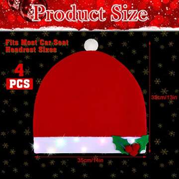 4 Pieces LED Santa Claus Hat Car Seat Headrest Covers Colorful Light Christmas Car Decoration Soft C...