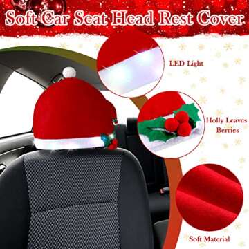 4 Pieces LED Santa Claus Hat Car Seat Headrest Covers Colorful Light Christmas Car Decoration Soft Car Seat Head Rest Cover Protector Interior Accessories Suitable for Most Car Headrests