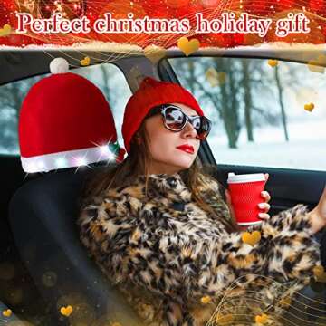 4 Pieces LED Santa Claus Hat Car Seat Headrest Covers Colorful Light Christmas Car Decoration Soft Car Seat Head Rest Cover Protector Interior Accessories Suitable for Most Car Headrests