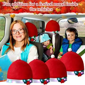 4 Pieces LED Santa Claus Hat Car Seat Headrest Covers Colorful Light Christmas Car Decoration Soft Car Seat Head Rest Cover Protector Interior Accessories Suitable for Most Car Headrests