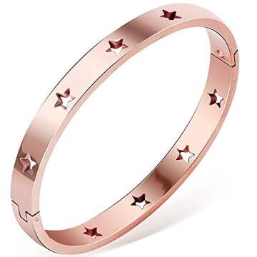 Jude Jewelers Stainless Steel Stars Open Clasp Classical Plain Bangle Bracelet (Rose Gold)