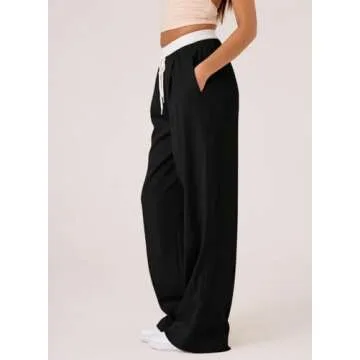 Acelitt Womens Winter Pants 2024 Wide Leg Drawstring Elastic Waist Casual Loose Comfy Trousers with Pockets Black Small
