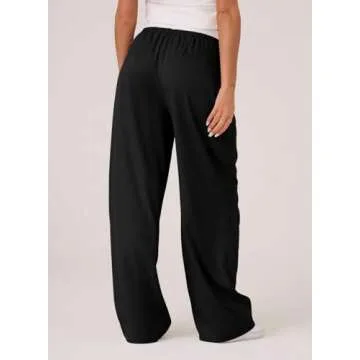 Acelitt Womens Winter Pants 2024 Wide Leg Drawstring Elastic Waist Casual Loose Comfy Trousers with Pockets Black Small