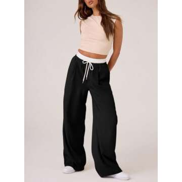 Acelitt Womens Winter Pants 2024 Wide Leg Drawstring Elastic Waist Casual Loose Comfy Trousers with Pockets Black Small