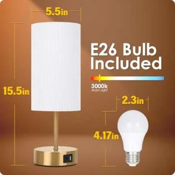 Yarra-Decor Bedside Lamp with USB A+C Charging Ports Set of Two - Touch Control Table for Bedroom Wood 3 Way Dimmable Nightstand Round Pleated Shade Home Office (LED Bulb Included)