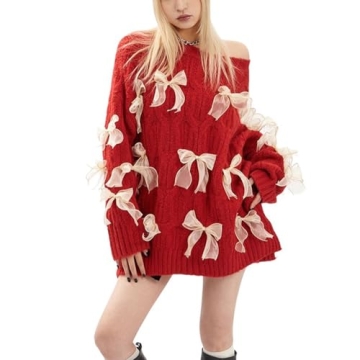 Women Cute Sweater Kawaii Bow Crew Neck Long Sleeve Knit Pullover Tops Y2k E-Girl Casual Oversized S...