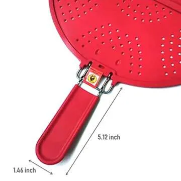 EZ KITCHEN Foldable Splatter Screen Strainer, Silicone Splatter Screen with Folding Handle, Splatter Screen for Frying Pan 11 3/4-Inch, Bi-Fold Multifunction Splatter Shields, Red