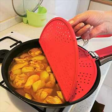 EZ KITCHEN Foldable Splatter Screen Strainer, Silicone Splatter Screen with Folding Handle, Splatter Screen for Frying Pan 11 3/4-Inch, Bi-Fold Multifunction Splatter Shields, Red