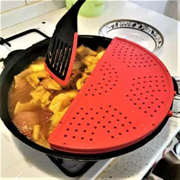EZ KITCHEN Foldable Splatter Screen Strainer, Silicone Splatter Screen with Folding Handle, Splatter Screen for Frying Pan 11 3/4-Inch, Bi-Fold Multifunction Splatter Shields, Red