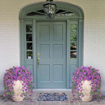 Hrobek Artificial Fake Hanging Plants Flowers for Spring Outdoor Outside Decor, Faux Mums Silk Realistic Flower, 2 Pcs UV Resistant Look Real Plastic Decorations for Porch Home Patio Balcony Yard