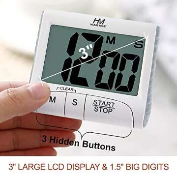 HOME MOST 3" Large Display Kitchen Timer - Digital Timer Magnetic Back Loud Alarm On A Rope- White C...
