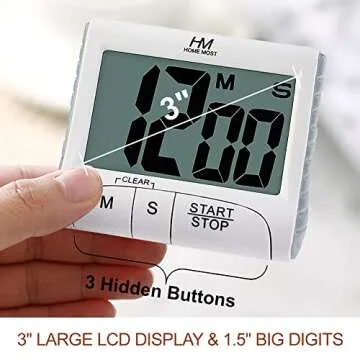 HOME MOST 3" Large Display Kitchen Timer - Digital Timer Magnetic Back Loud Alarm On A Rope- White C...