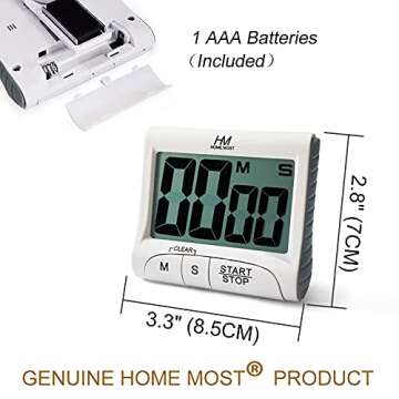 HOME MOST 3" Large Display Kitchen Timer - Digital Timer Magnetic Back Loud Alarm On A Rope- White Cooking Timers For Kitchen Teachers Students Games Kids Meetings - Sports Timer For Workouts Exercise