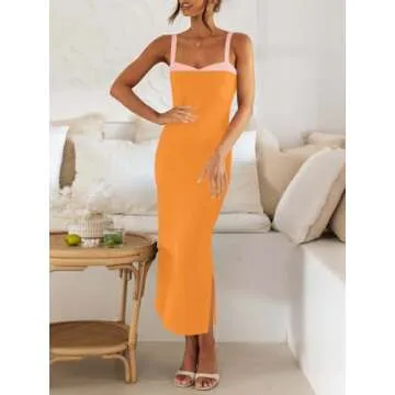 Fisoew Women's Colorblock Maxi Dress – Stylish Spaghetti Strap Bodycon Dress