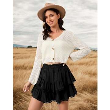 MSBESYOR Women Flowy Boho Ruffle Mini Skirts Tiered Shorts High Waisted Pleated Golf Tennis Crochet Skorts Concert Skirt Black