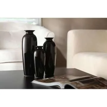 Hosley Elegant Set of 3 Black Ceramic Vases for Home Decor and Floral Arrangements