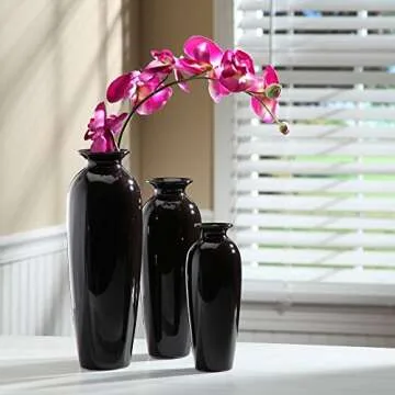 Set of 3 Elegant Black Ceramic Vases for Home Decor