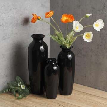 Set of 3 Elegant Black Ceramic Vases for Home Decor