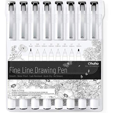 Ohuhu Fineliner Pens Micro Drawing Pens: 8-size Tips (Ultra-fine, Fine & Brush) Waterproof Pigment B...