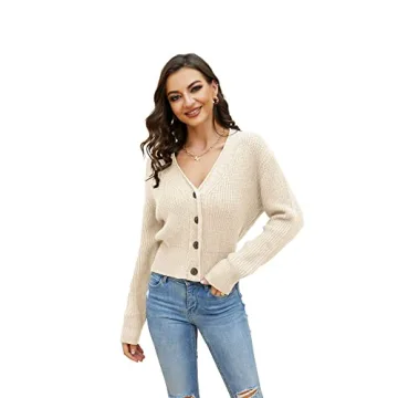 Stylish Women's Button Down Cropped Cardigans - Cozy Beige Sweater