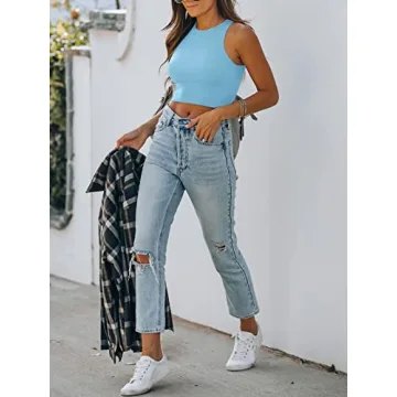 REORIA Women's Sleeveless High Neck Racerback Crop Top