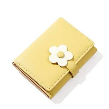 Cute Small Wallet for Girls Women Tri-folded Wallet Cash Pocket flowers PU Leather Print Card Holder Coin Purse with ID Window (2-yellow)
